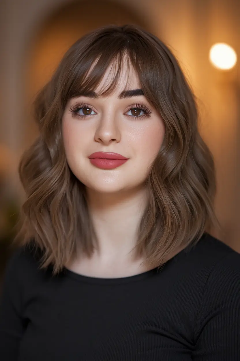 fall hairstyles for round faces by hair pattern Curled Lob with Feathered Bangs