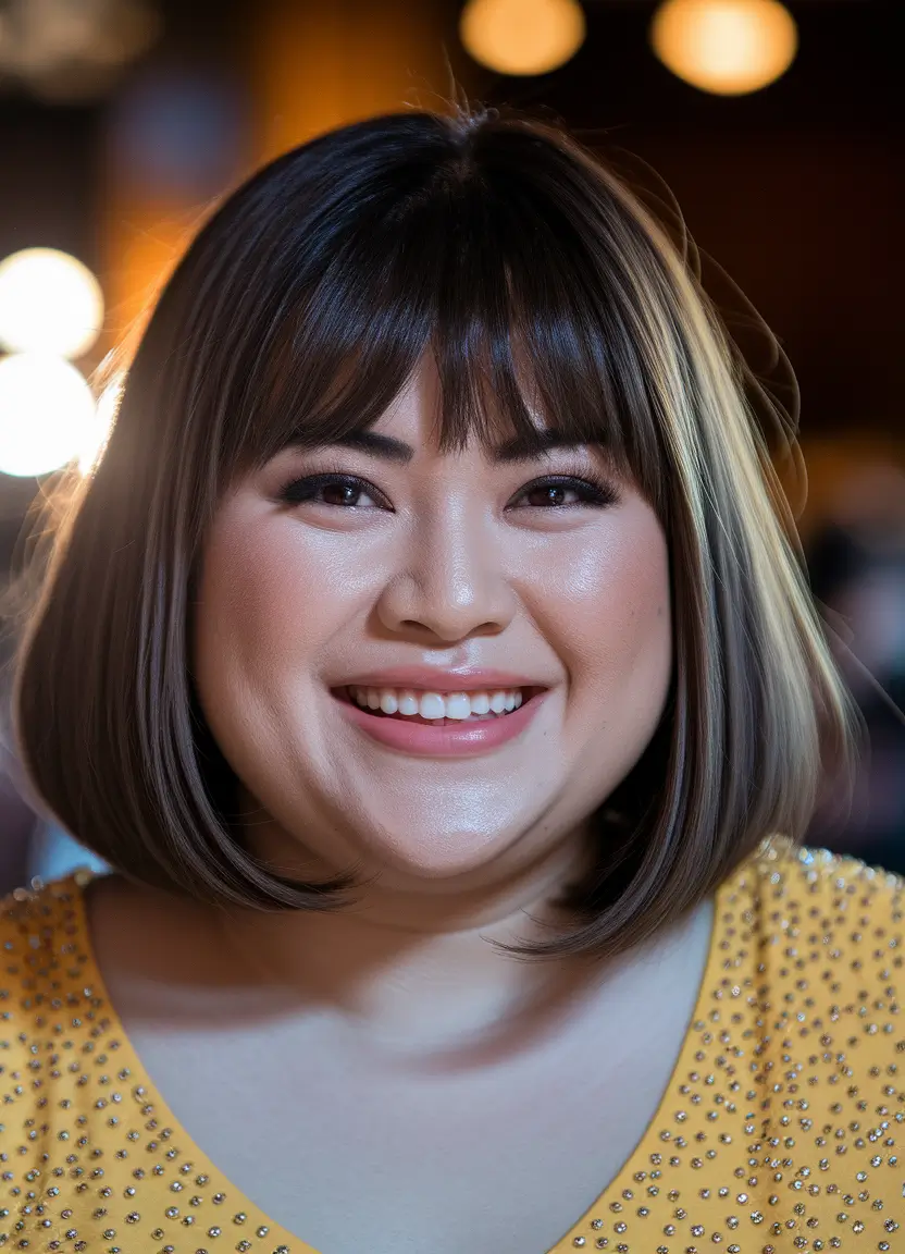 fall hairstyles for round faces plus size Chic Rounded Bob with Bold Fringe