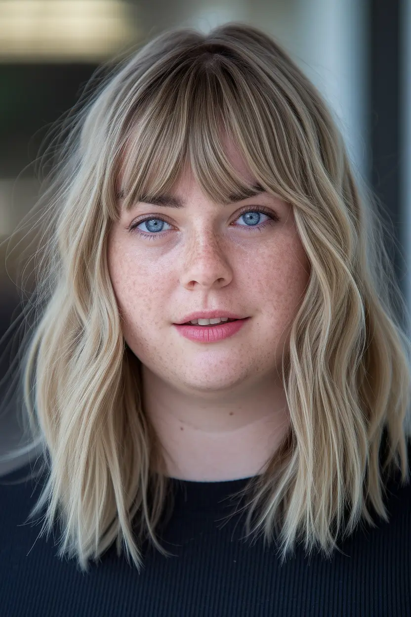 fall hairstyles for round faces by hair pattern Wispy Blonde Shag with Full Bangs