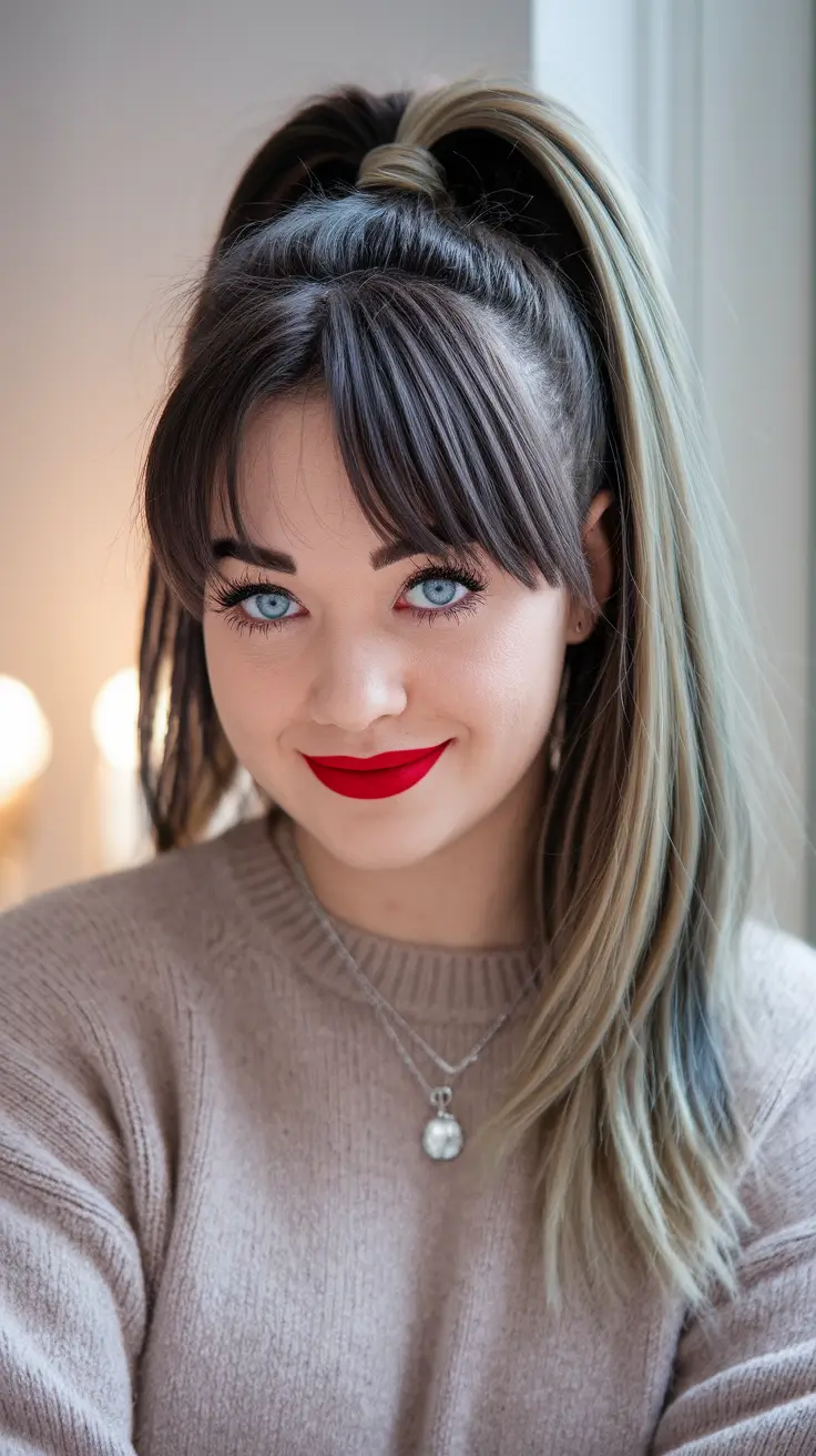 fall hairstyles for round faces long hair Power Pony with Bangs and Contrast Highlights