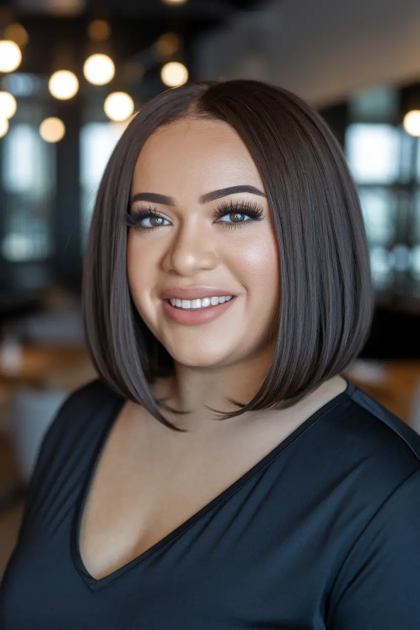fall hairstyles for round faces short hair Sculpted Precision Bob with a Deep Side Part