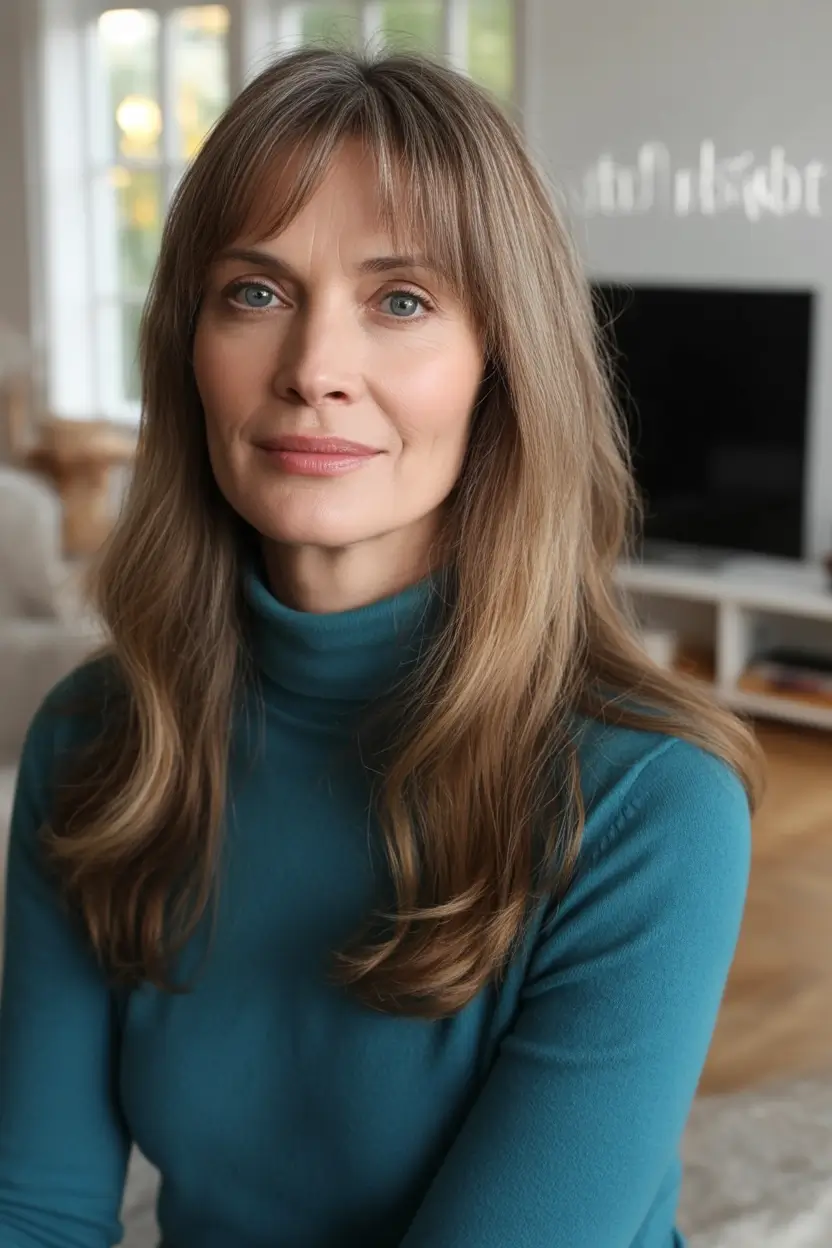 hairstyles for women over 50 Mid-Length Layers with Wispy Bangs