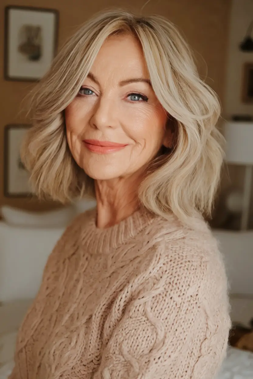 hairstyles for women over 50 Voluminous Textured Bob in Wheat Blonde