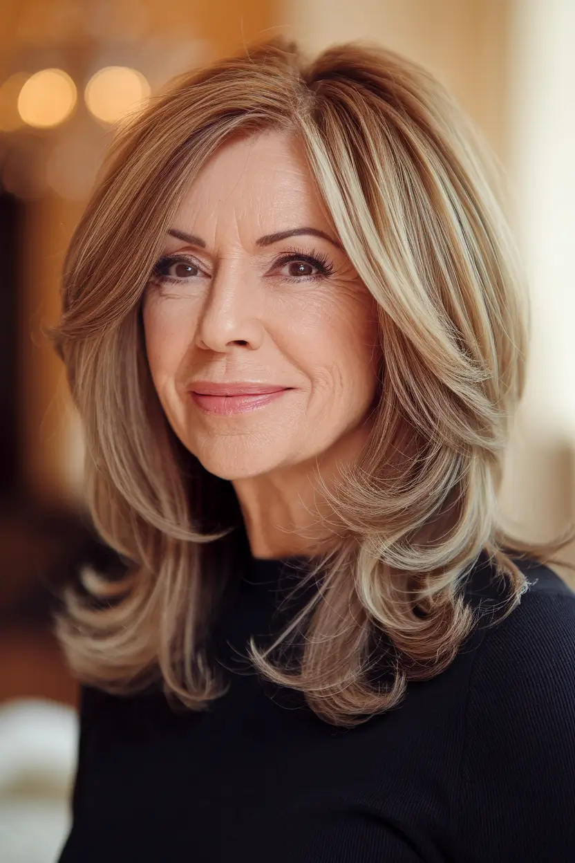 hairstyles for women over 50 Polished Chestnut Blowout with Feathered Layers