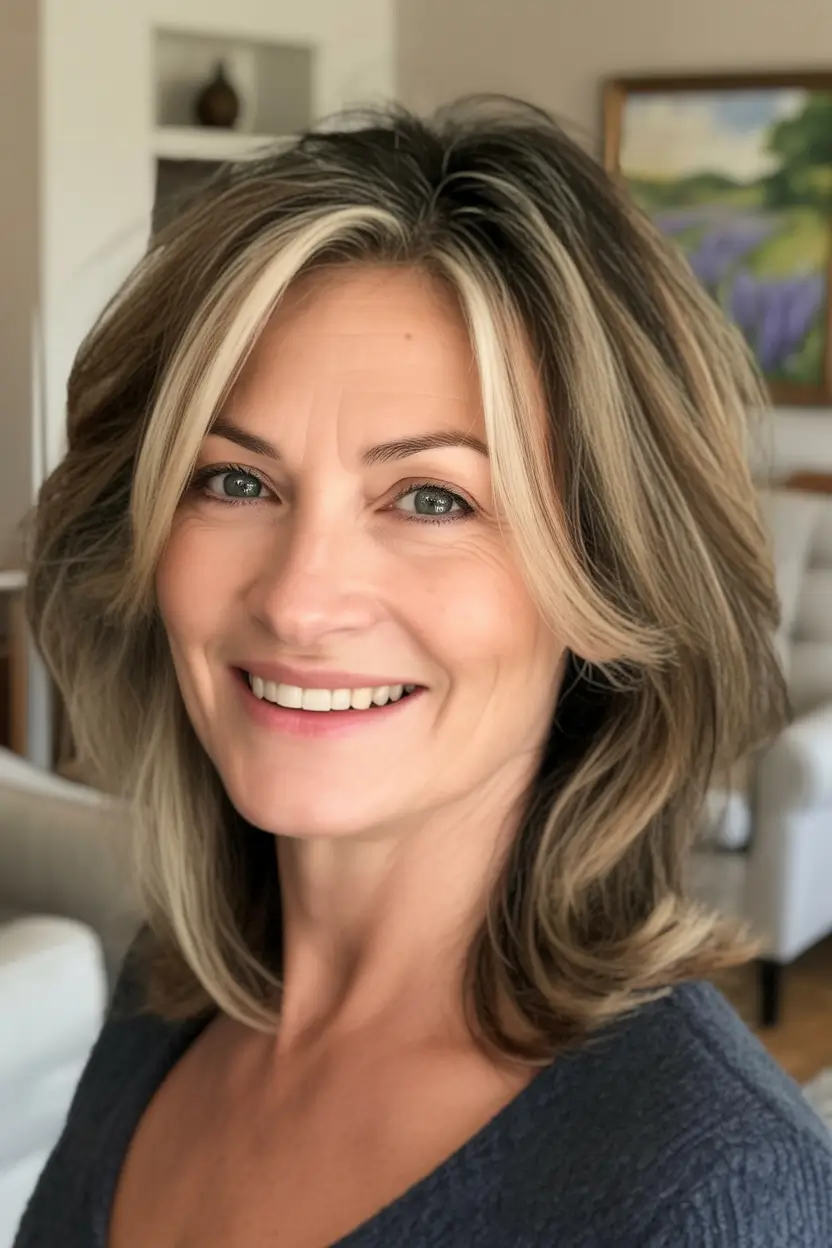 hairstyles for women over 50 Dimensional Mid-Length with Front-Facing Highlights