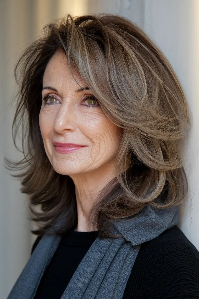 hairstyles for women over 50 2025 Face-Framing Volume Layers in Warm Brunette