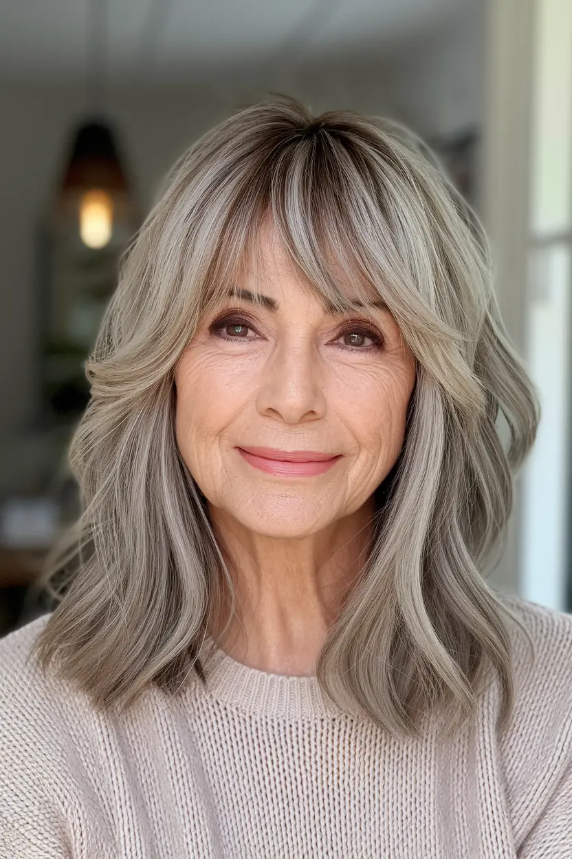 bangs mid length medium layered Silver Blonde Layers with Modern Fringe