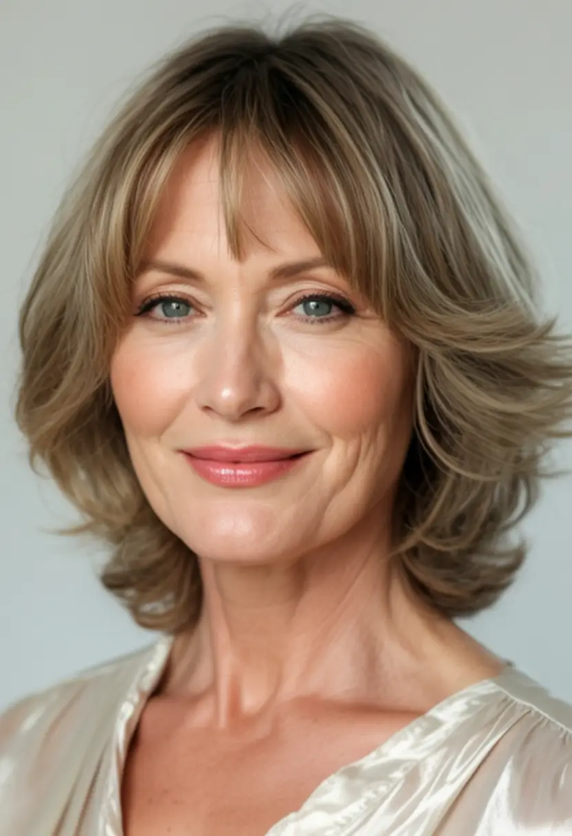 hairstyles for women over 50 medium Feathered Bob with Soft Curtain Fringe
