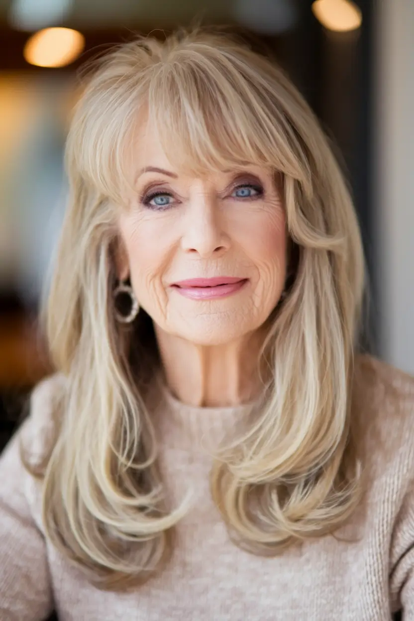 hairstyles for women over 50 long hair Long Layers with Soft Curtain Bangs