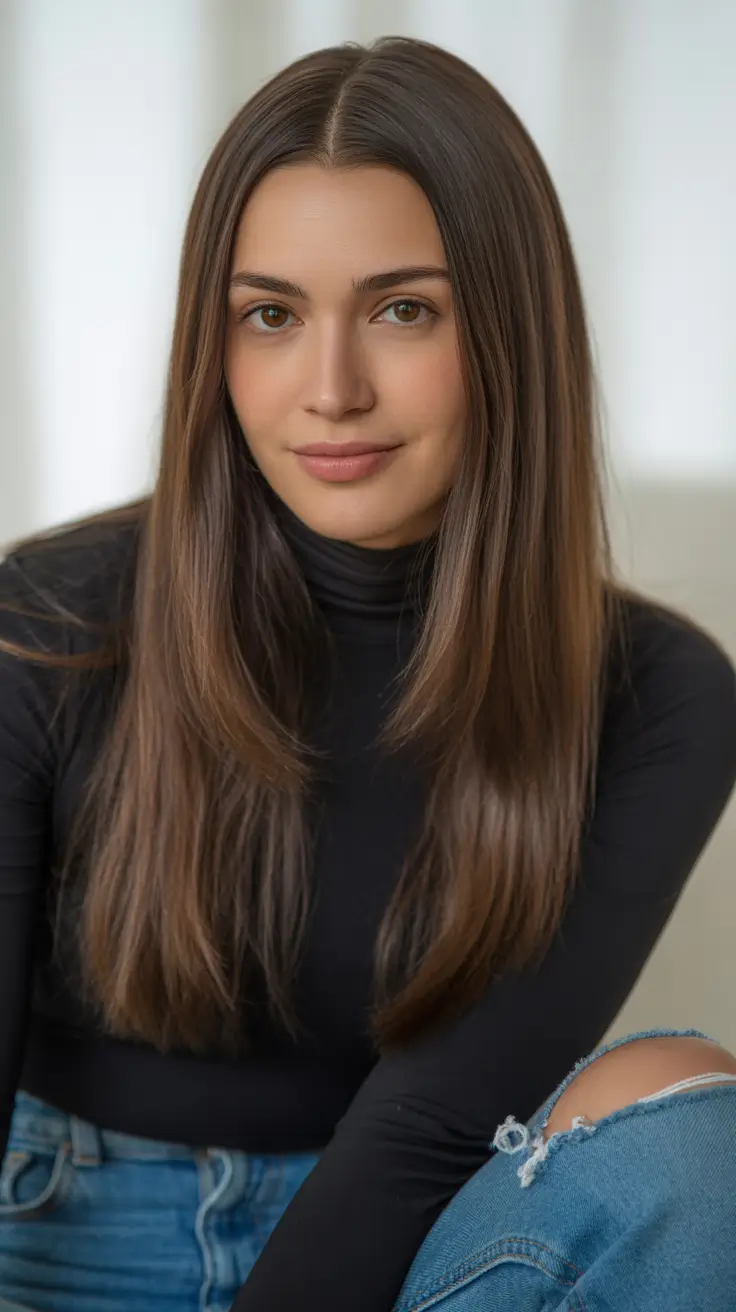 fall long haircuts Chocolate Brunette with Minimalist Sleekness