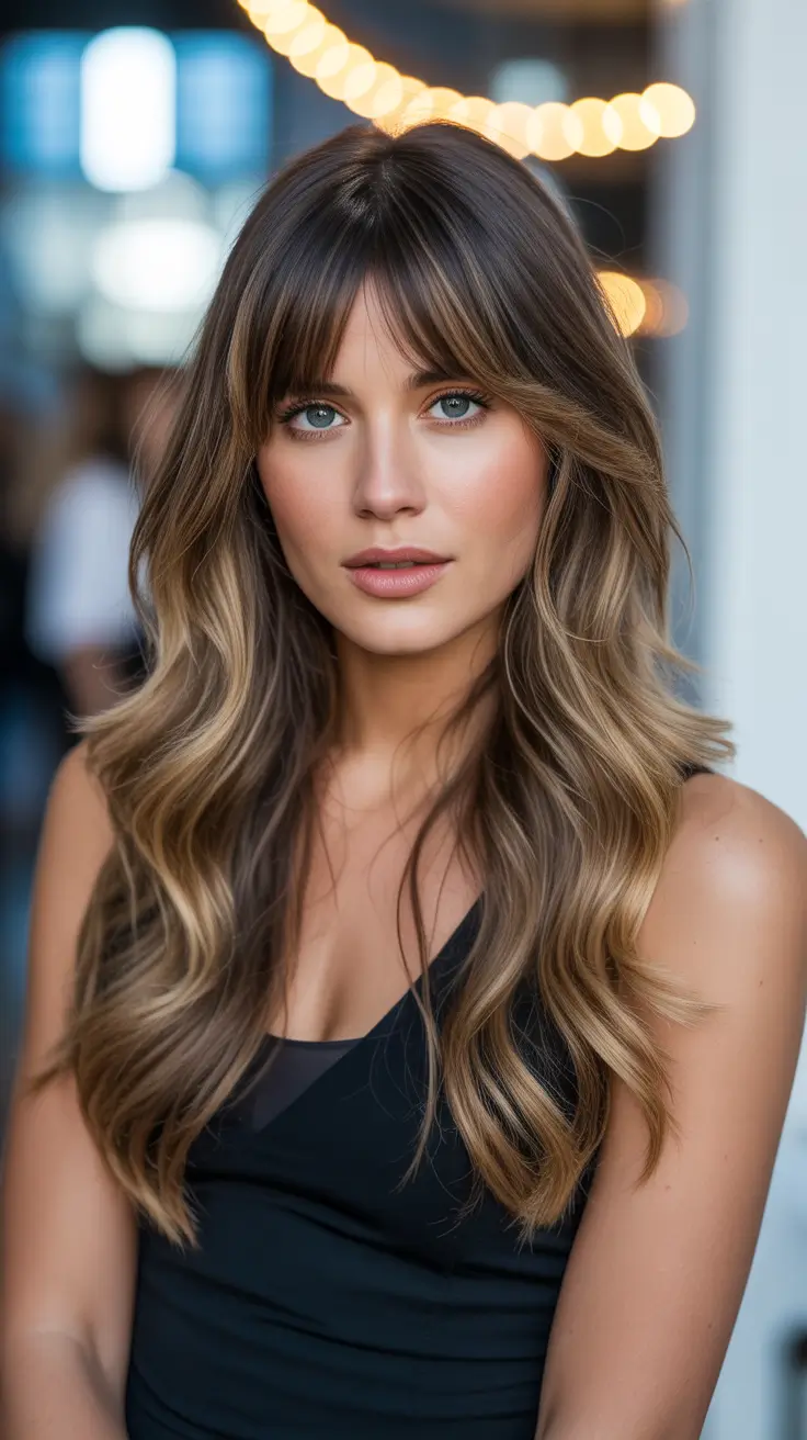 fall long haircuts Warm Balayage with Feathered Curtain Bangs