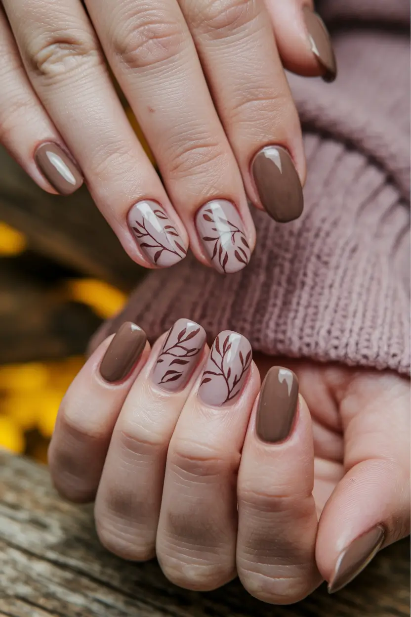 fall nails art design Soft Cocoa with Bare Branch Accents