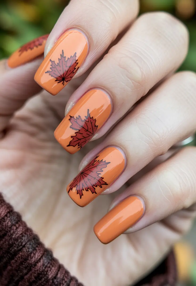 fall nails art autumn Orange Maple Leaf Art on Square Tips