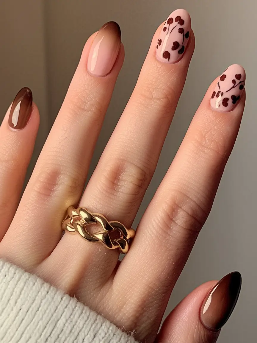 fall nails art 2025 Chocolate Tips and Playful Petals