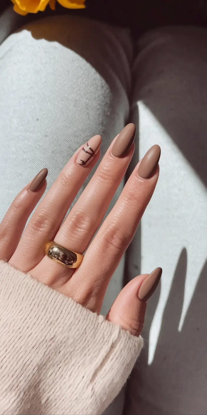 fall nails art simple Velvety Matte Taupe with Accent Line Work