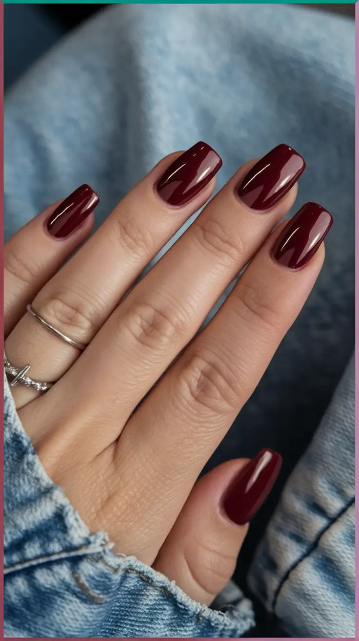 fall nails art designs autumn short acrylic Merlot Red on Clean Square Tips