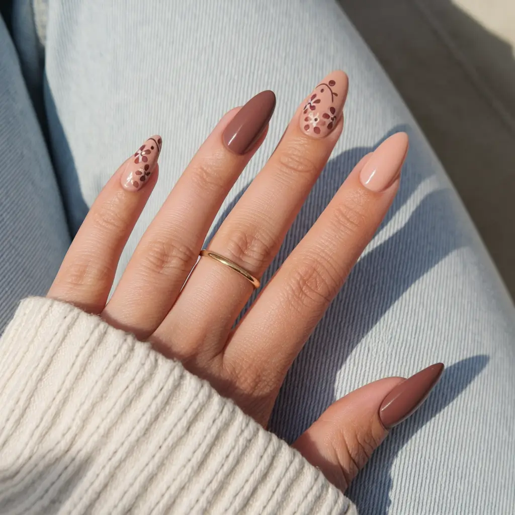fall nails art design Playful Autumn Florals on Nude and Toffee