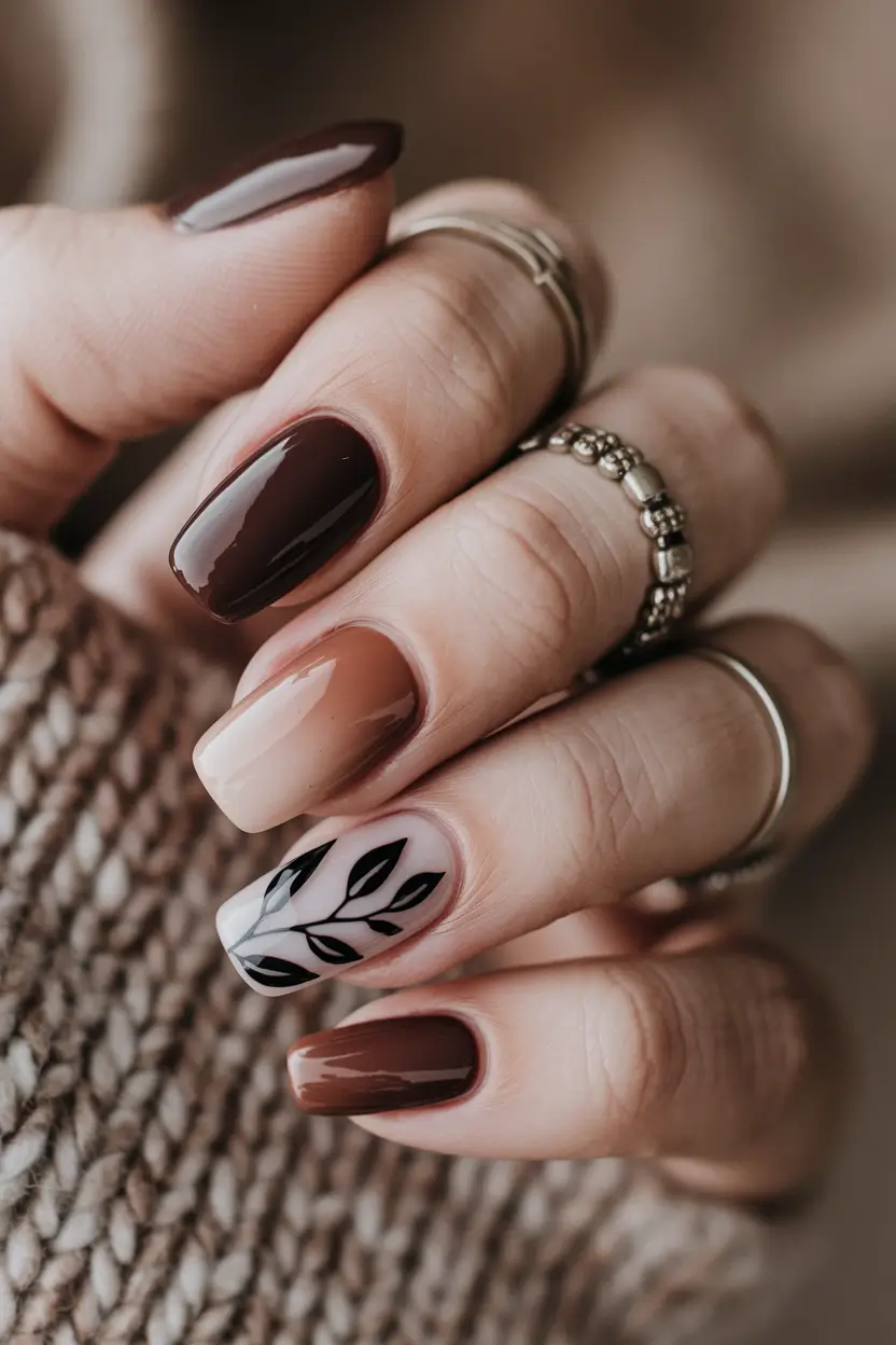 fall nails art ideas autumn Chocolate Gradient with Bold Leaf Accent