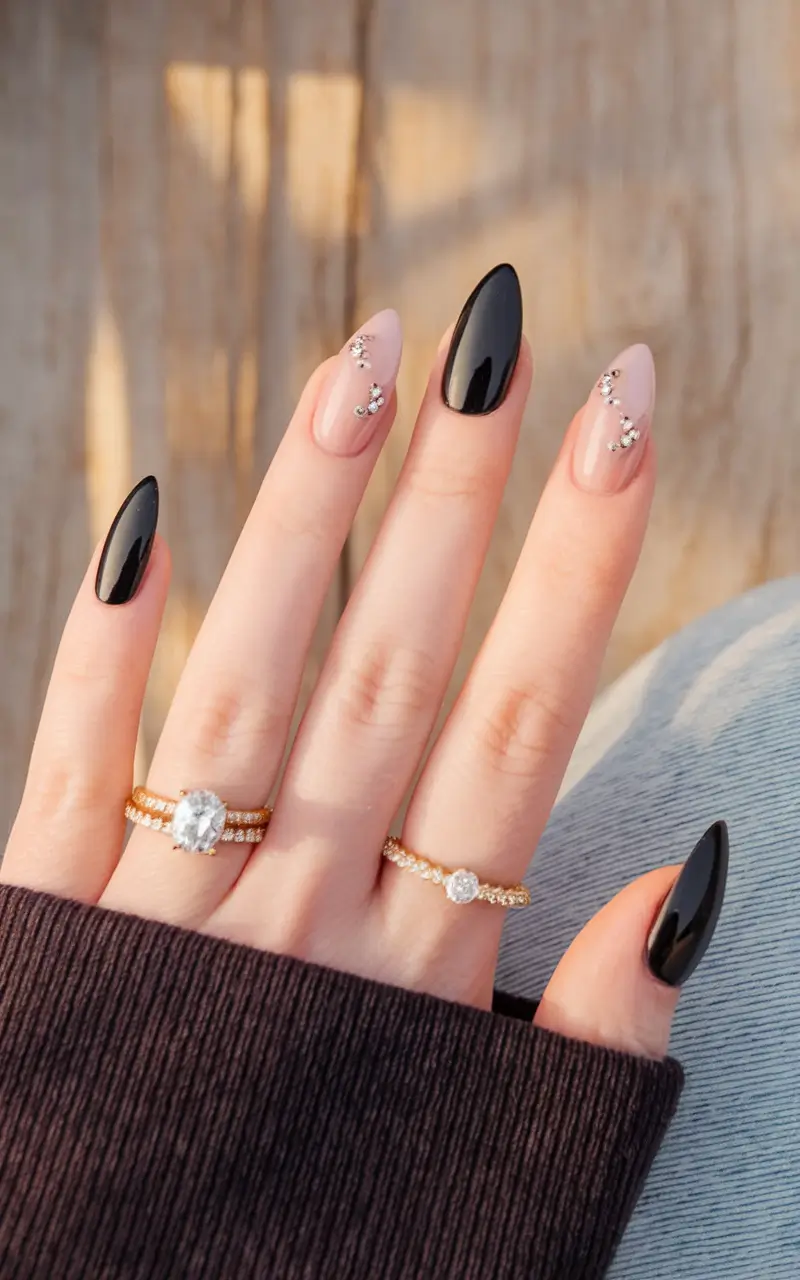 fall nails art ideas Jet Black Shine with Crystal Accents