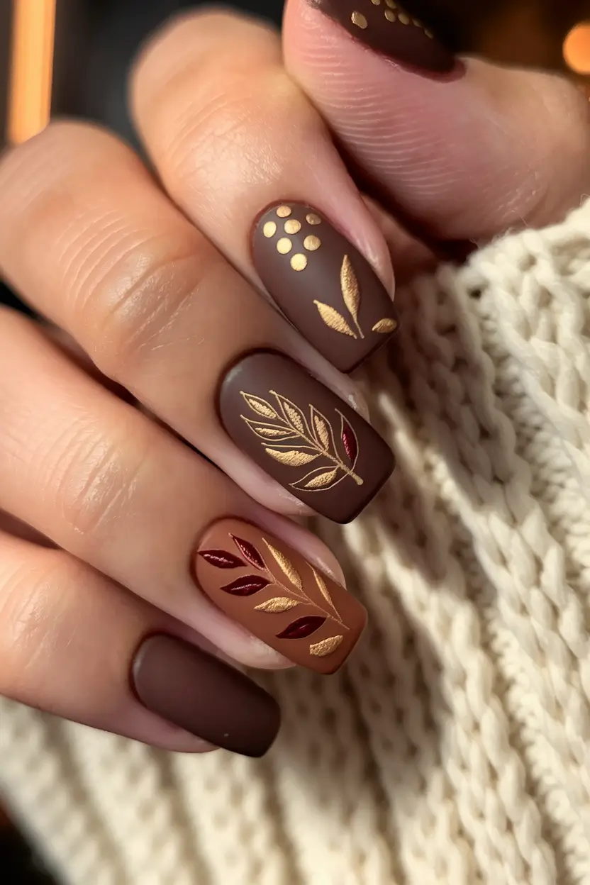 fall nails art square Matte Espresso with Gold Foil Botanicals