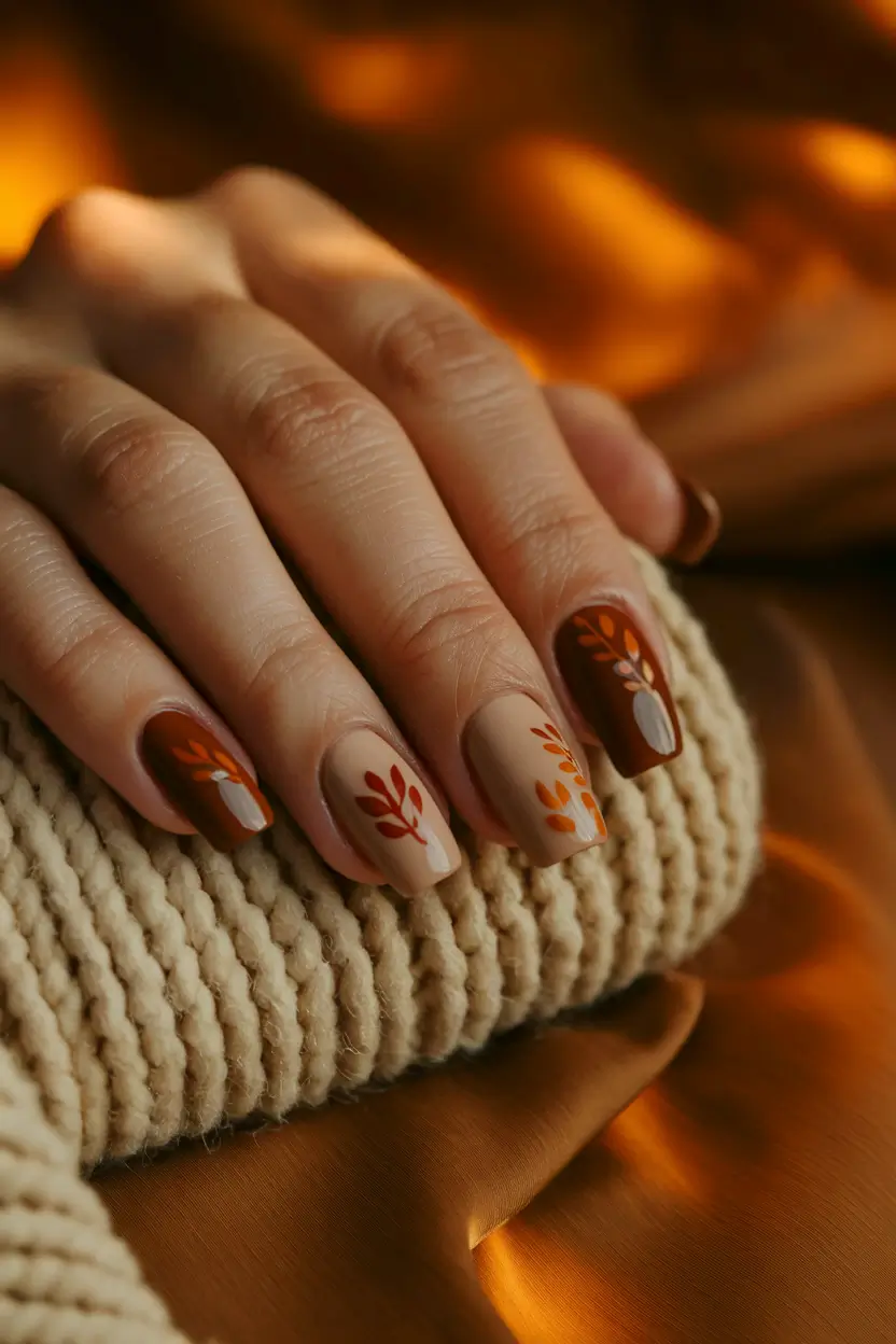 fall nails art 2025 Rust-Orange Fall Leaf Cluster