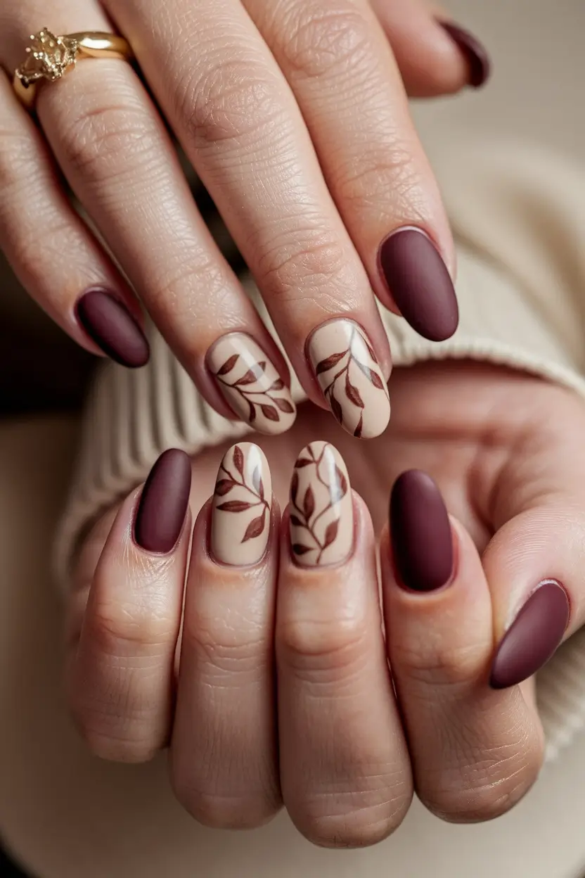 fall nails art ideas autumn Berry Matte & Hand-Painted Foliage
