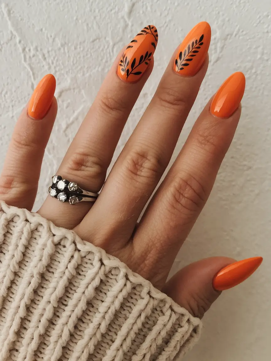 fall nails art ideas Glossy Tangerine with Minimal Black Botanicals