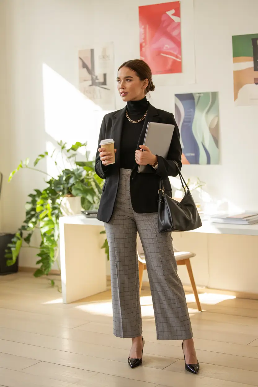fall office outfits for women Timeless with a Twist: Black Blazer & Checkered Trousers