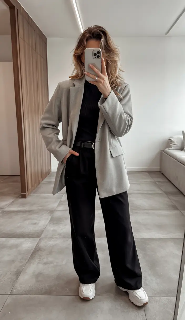 fall office outfits for women Soft Power: Oversized Blazer and Relaxed Sneakers