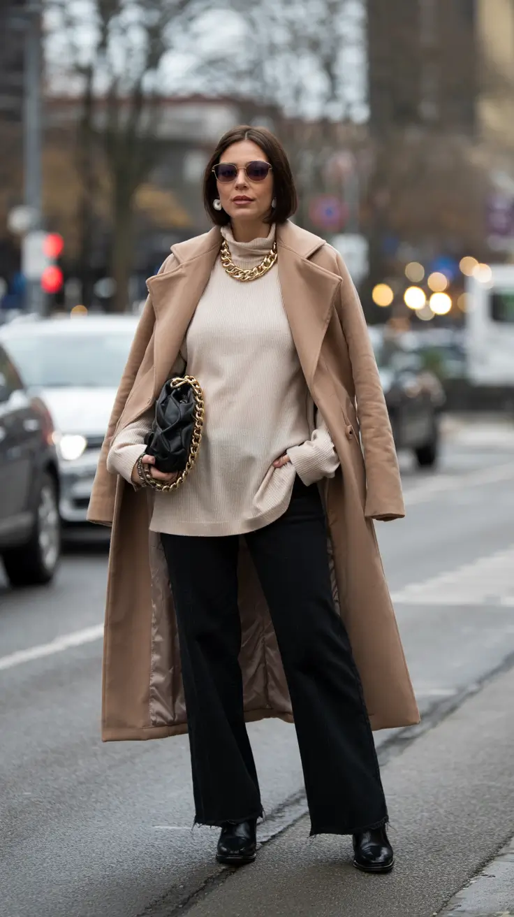 fall office outfits for women Elevated Neutrals: Camel Coat and Chain Details