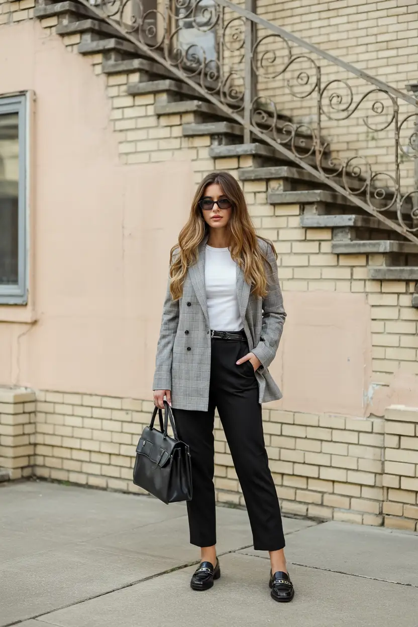 fall office outfits for women City Sleek: Plaid Blazer and Tailored Trousers