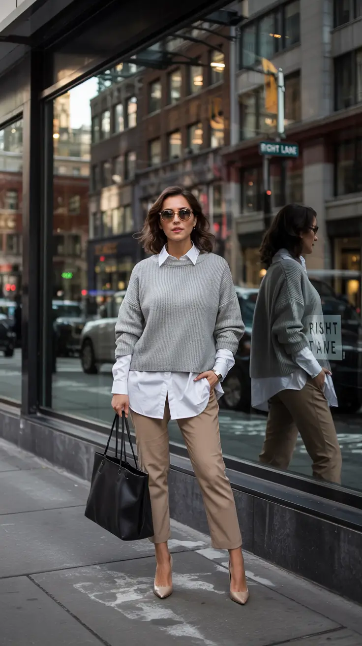 fall office outfits for women Layered and Effortless: Sweater Over Shirt Combo