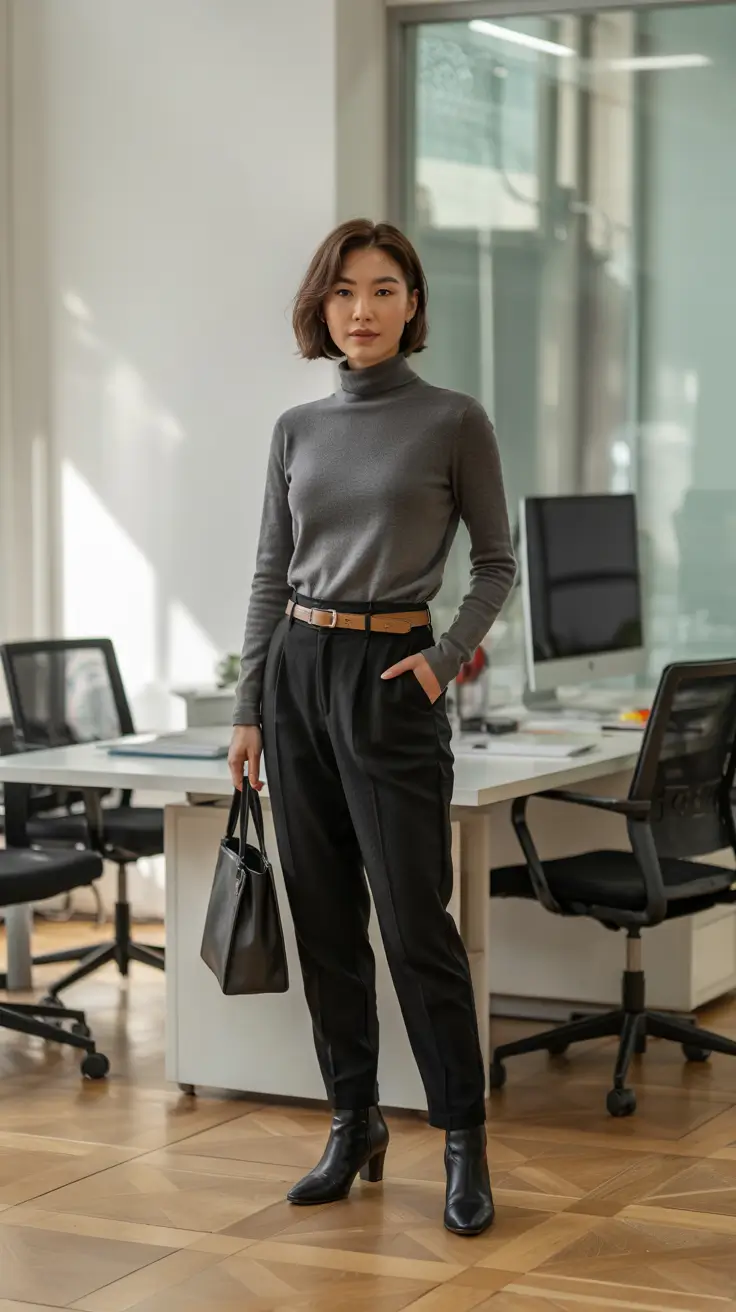 fall office outfits for women Monochrome Smart: Grey Turtleneck & High-Waist Pants