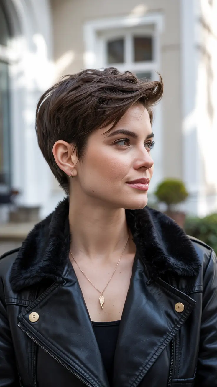fall pixie haircut Sculpted Espresso Pixie with Swooped Front