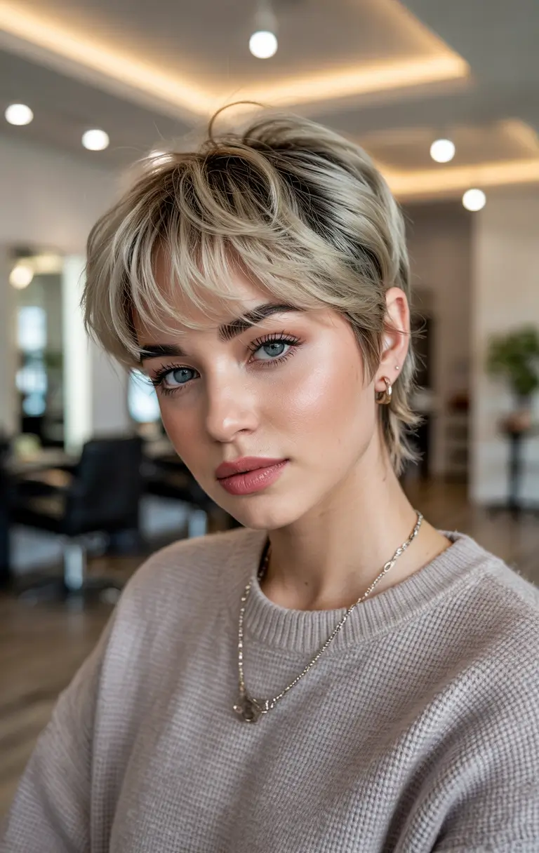 fall pixie haircut Warm Beige Pixie with Baby Curtain Bangs