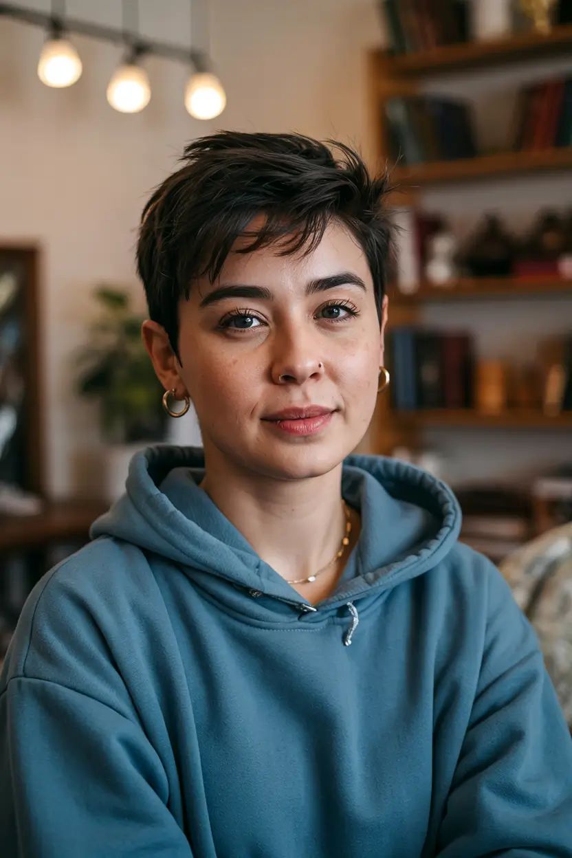 fall pixie haircut Ultra-Short Dark Tapered Pixie with Edge