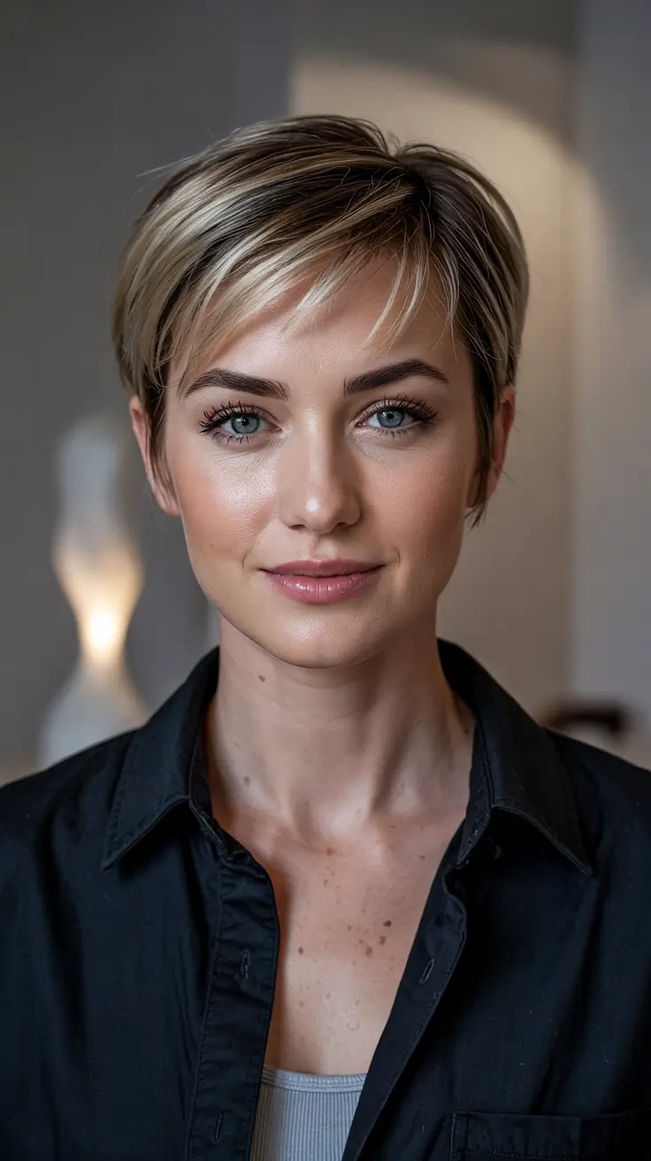 fall pixie haircut Smoky Blonde Pixie with Side-Swept Fringe