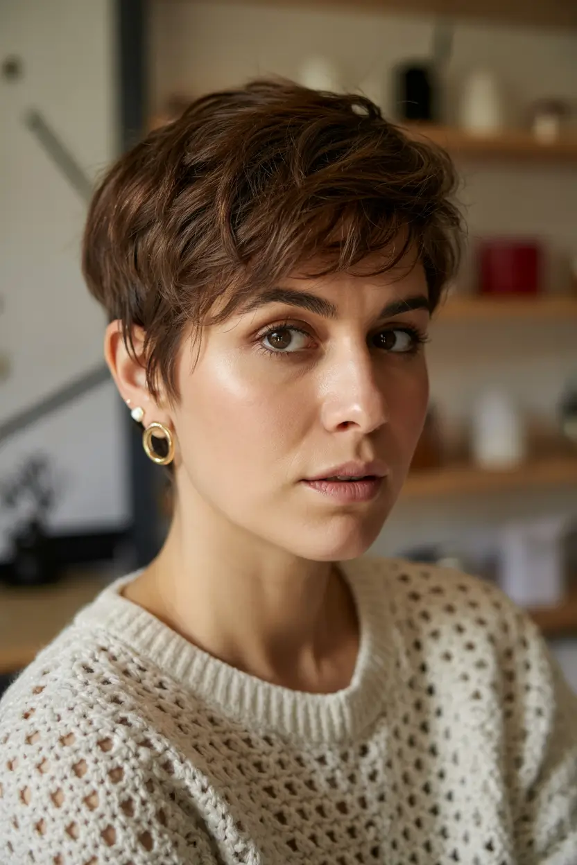 fall pixie haircut Textured Brown Pixie with Playful Crown
