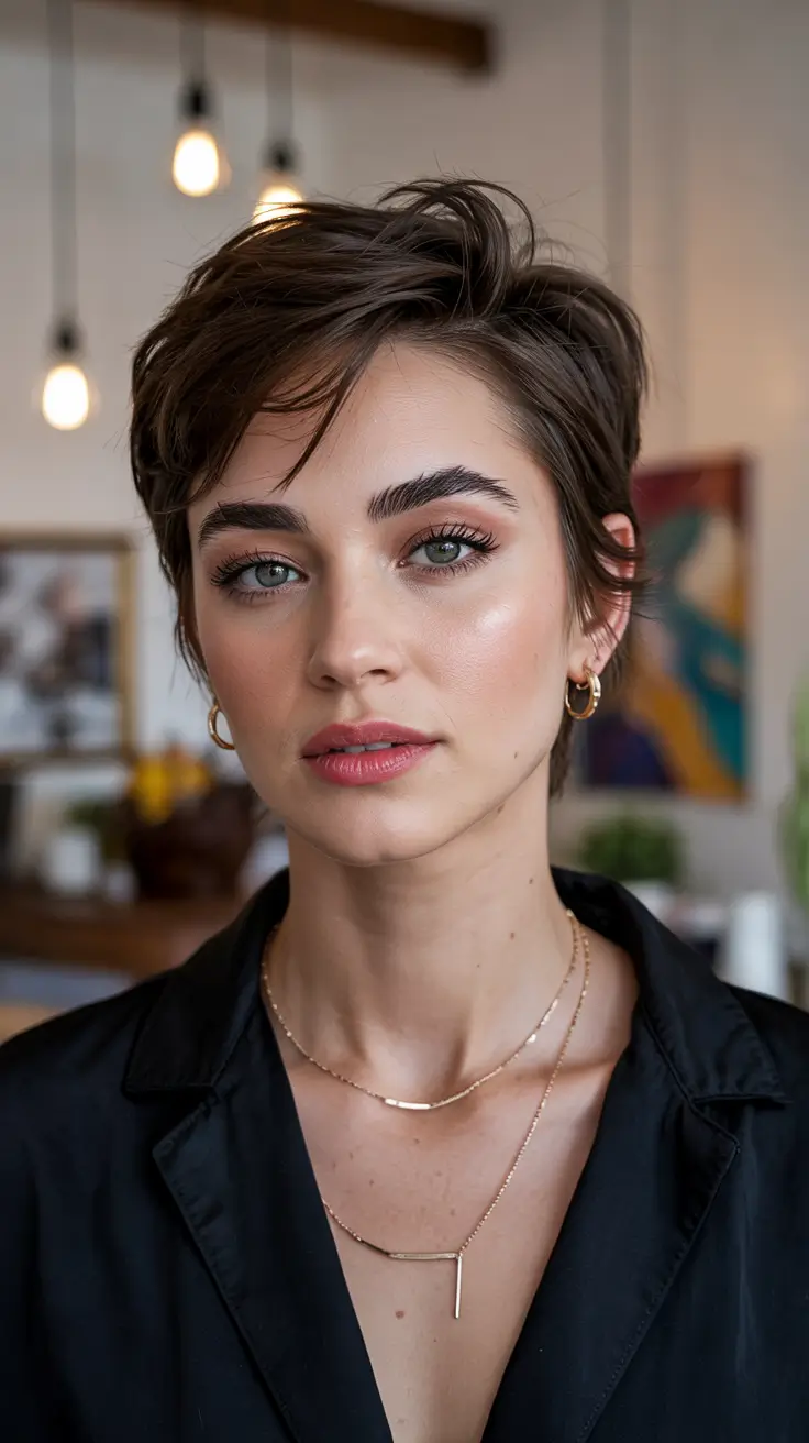 fall pixie haircut Chic Chestnut Pixie with Lifted Fringe