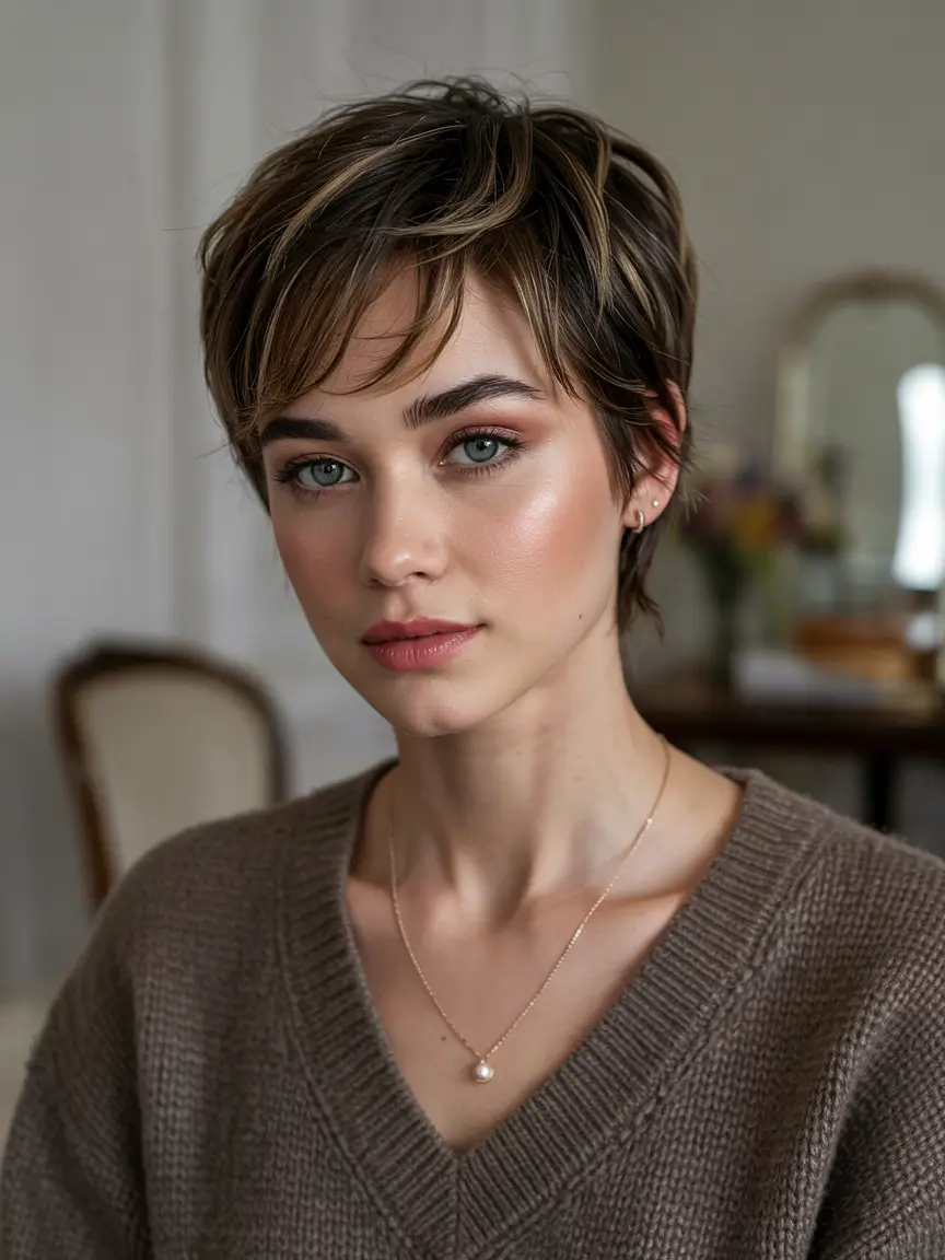 fall pixie haircut Layered Pixie with Wispy Curtain Bangs