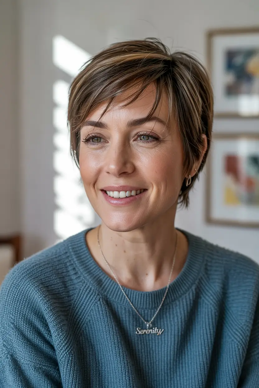 fall pixie haircut Choppy Caramel Pixie with Soft Side Bangs