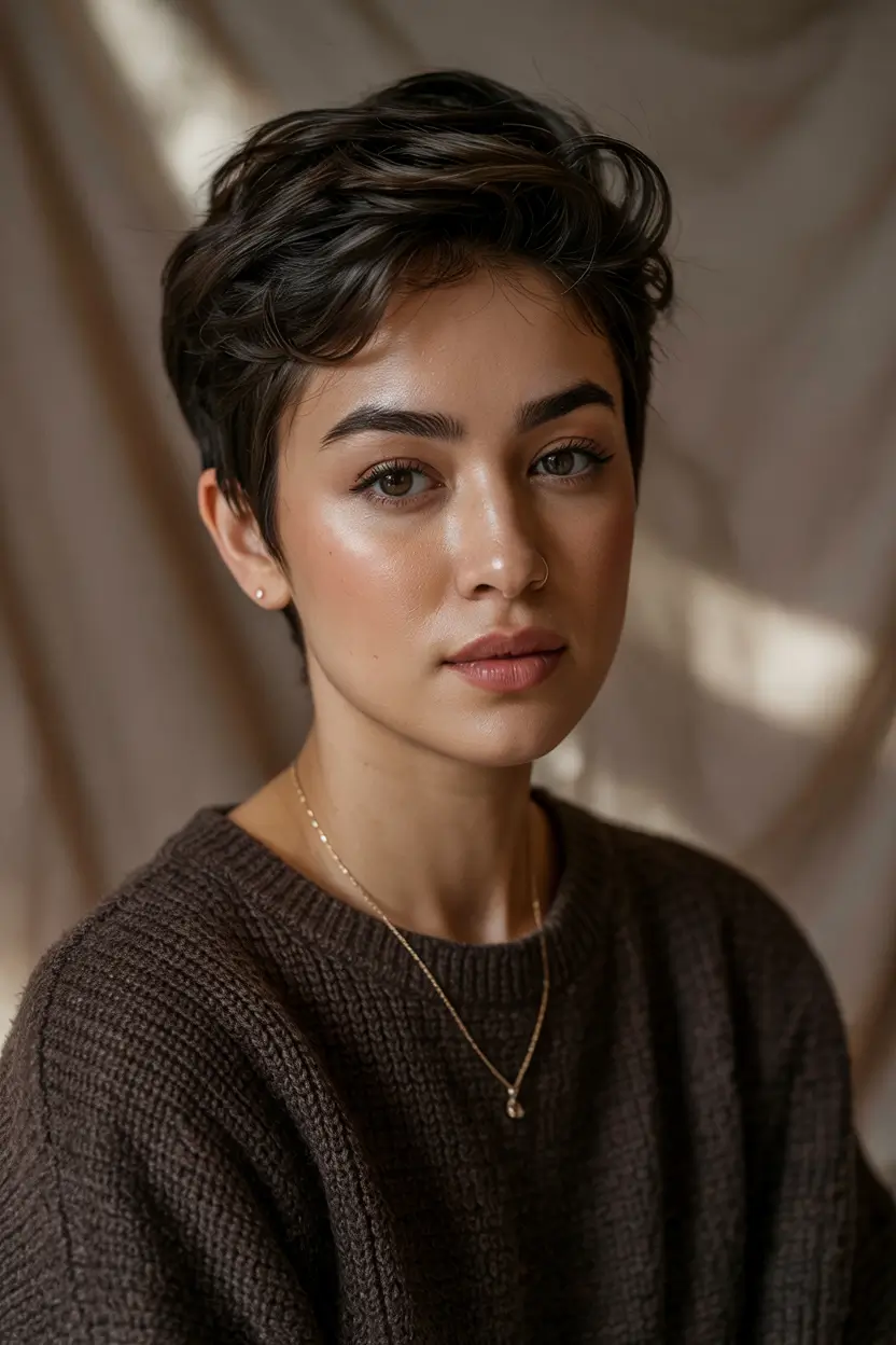 fall pixie haircut Volumized Brunette Pixie with Natural Texture
