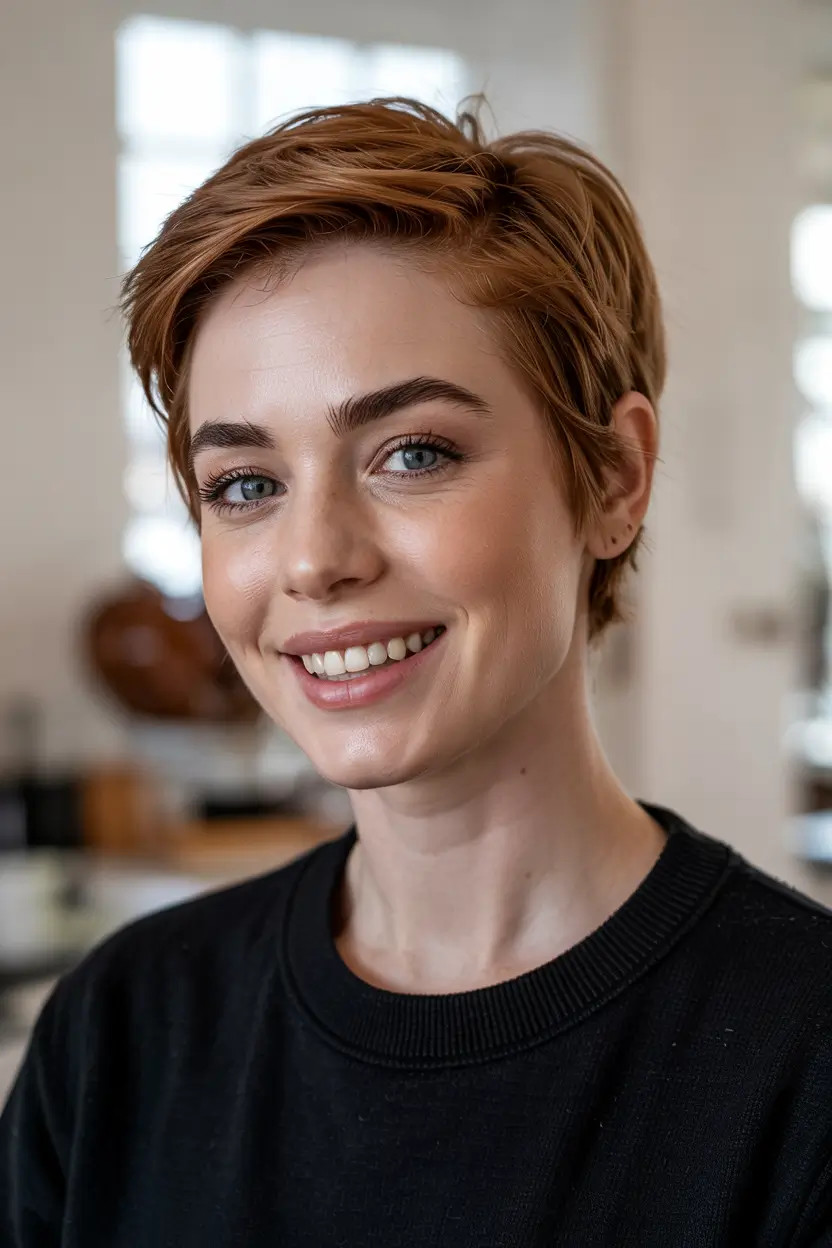 fall pixie haircut Layered Auburn Pixie with Flicked Crown