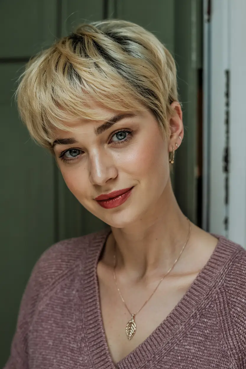 fall pixie haircut Golden Blonde Pixie with Textured Fringe