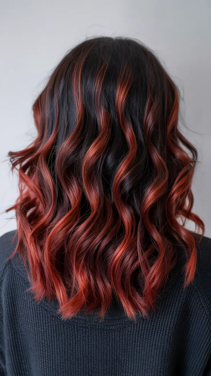 fall red hair color Black Cherry Copper Melt with Defined Waves
