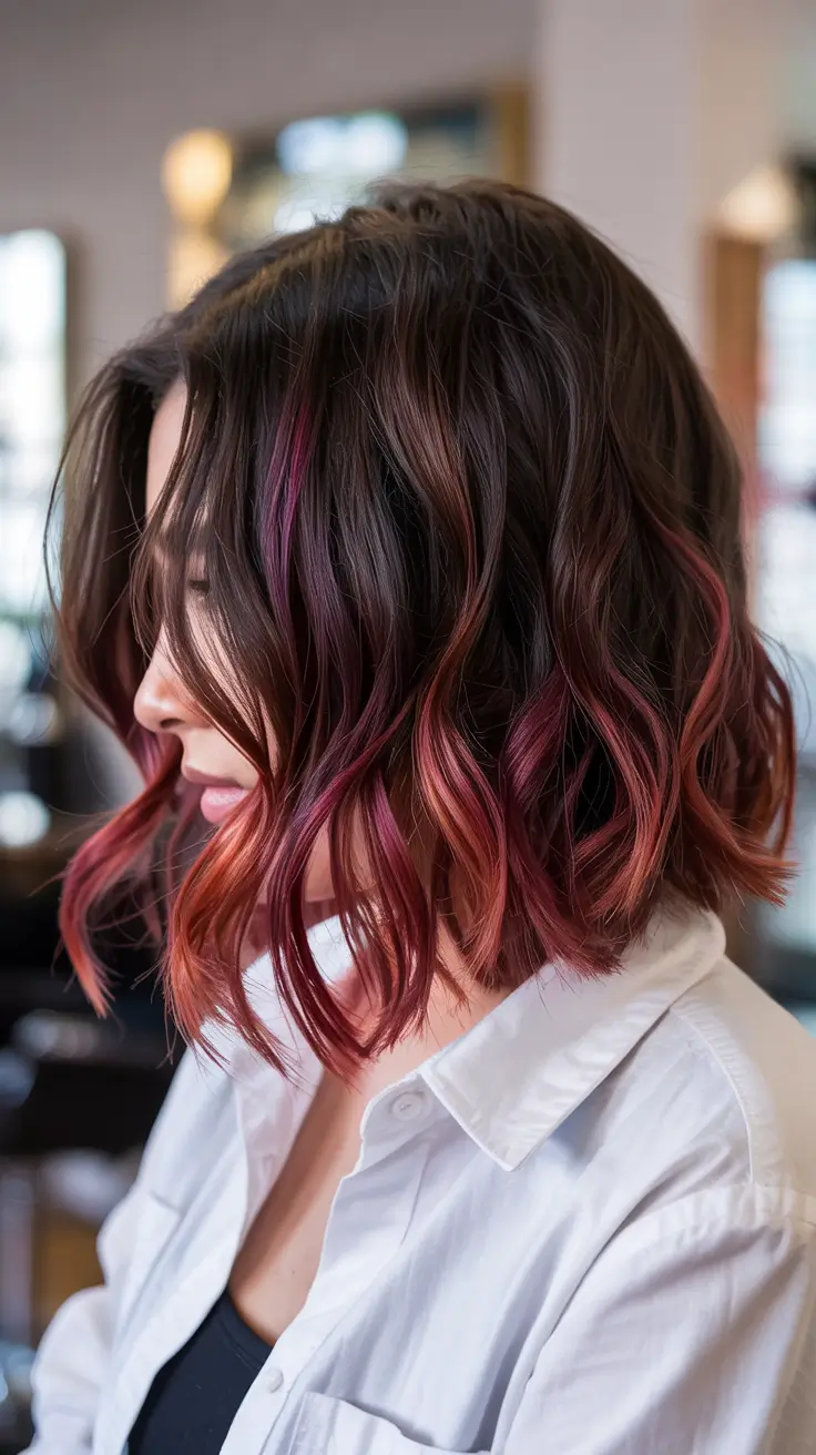 fall red hair color Dimensional Rosewood Lob with Peekaboo Reds