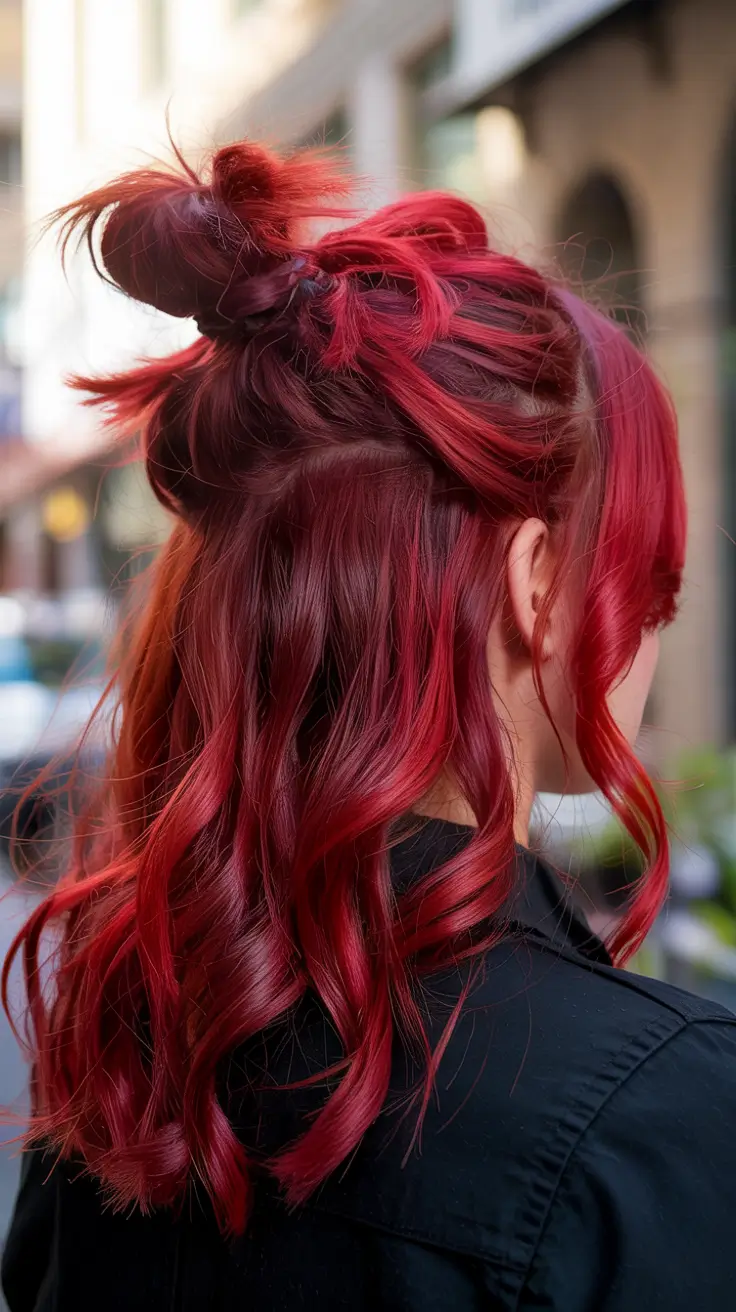 fall red hair color Cherry Bomb Red with Half-Up Twist