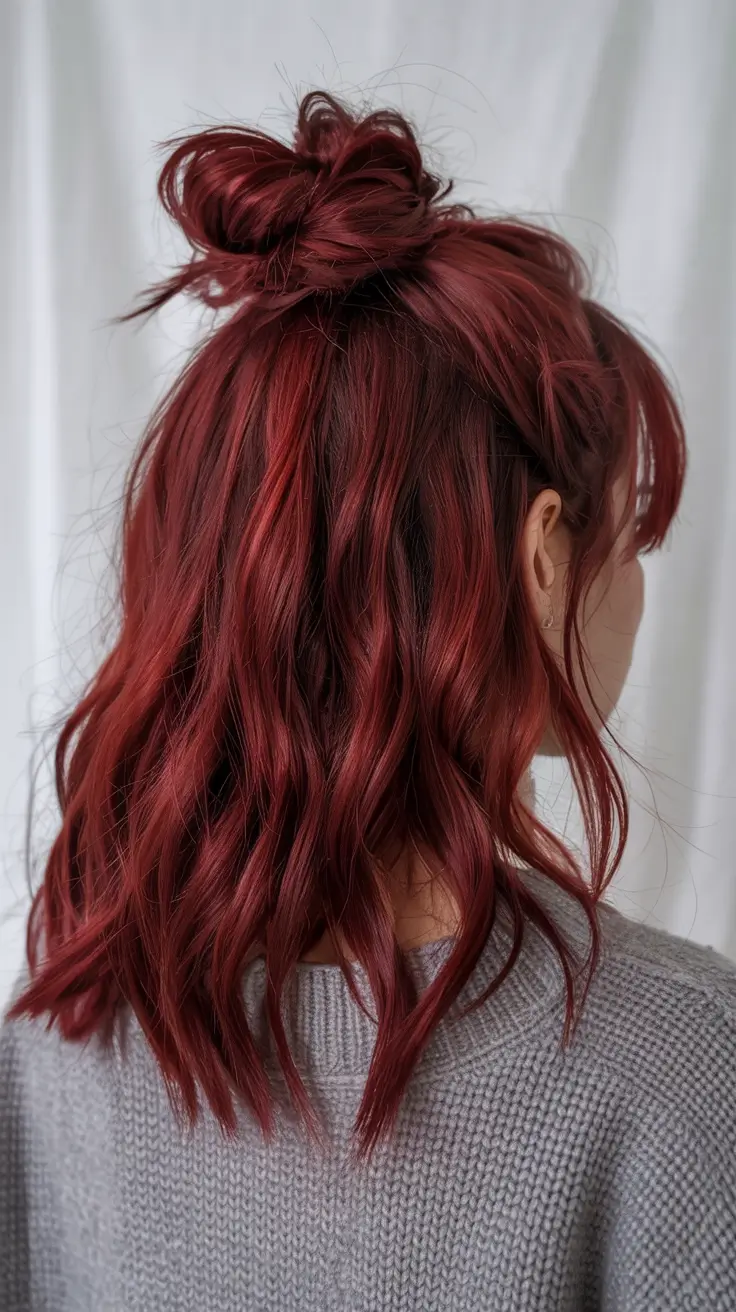 fall red hair color Crimson Waves with Casual Top Knot