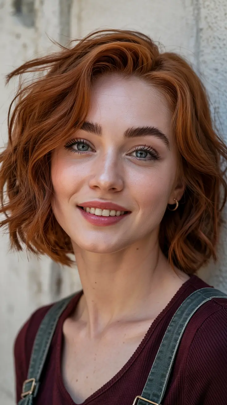 fall red hair color Golden Chestnut Bob with Feathered Fringe