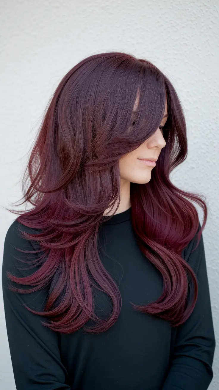 fall red hair color Velvety Plum Layers with Blowout Volume